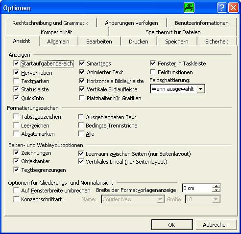 Word-Optionen. Bitte alle Reiter durchsehen!